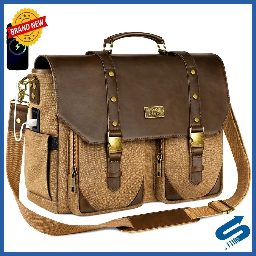 Vintage Messenger Bag with USB Charging Port RFID Blocking Water Resistant